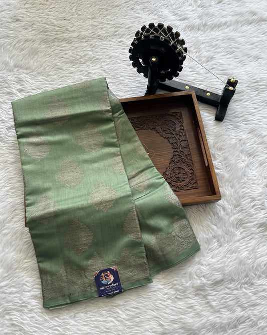 Maheshwari Chanderi Cotton Saree Olive Green Colored Complemented with a Zari Border. - Sampradaya Designer Studio