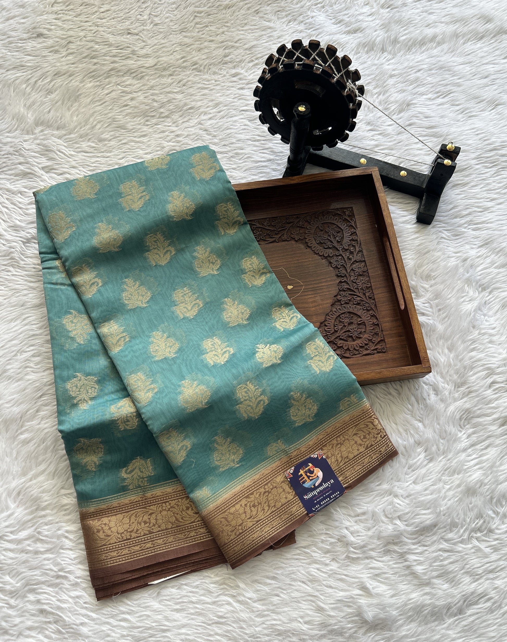 Maheshwari Chanderi Cotton Saree Blue Colored Complemented with a Rust Color Zari Border. - Sampradaya Designer Studio