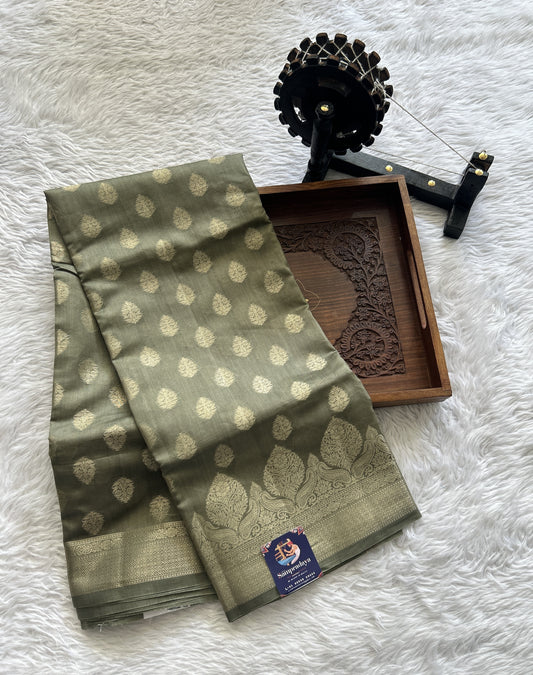 Maheshwari Chanderi Cotton Saree Dark Olive Green Colored Complemented with a Zari Border. - Sampradaya Designer Studio