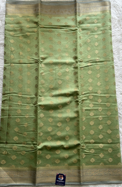 Maheshwari Chanderi Cotton Sareee Parrot Green Colored Complemented with a Zari Border. - Sampradaya Designer Studio