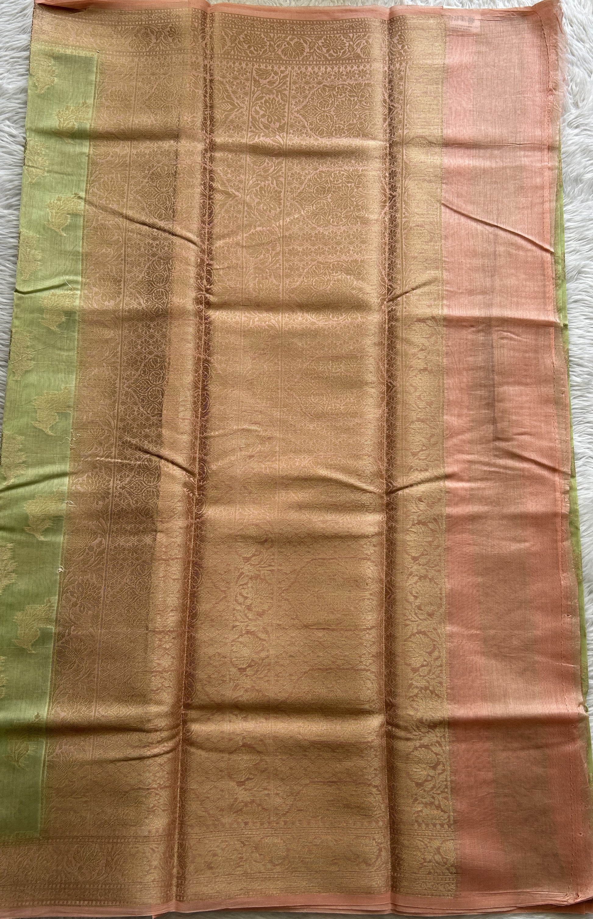 Maheshwari Chanderi Cotton Saree Light Green Colored Complemented with a Peach Color Zari Border. - Sampradaya Designer Studio