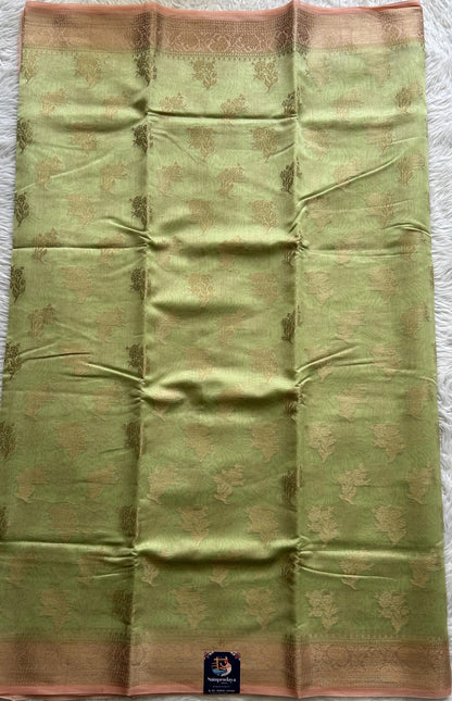 Maheshwari Chanderi Cotton Saree Light Green Colored Complemented with a Peach Color Zari Border. - Sampradaya Designer Studio