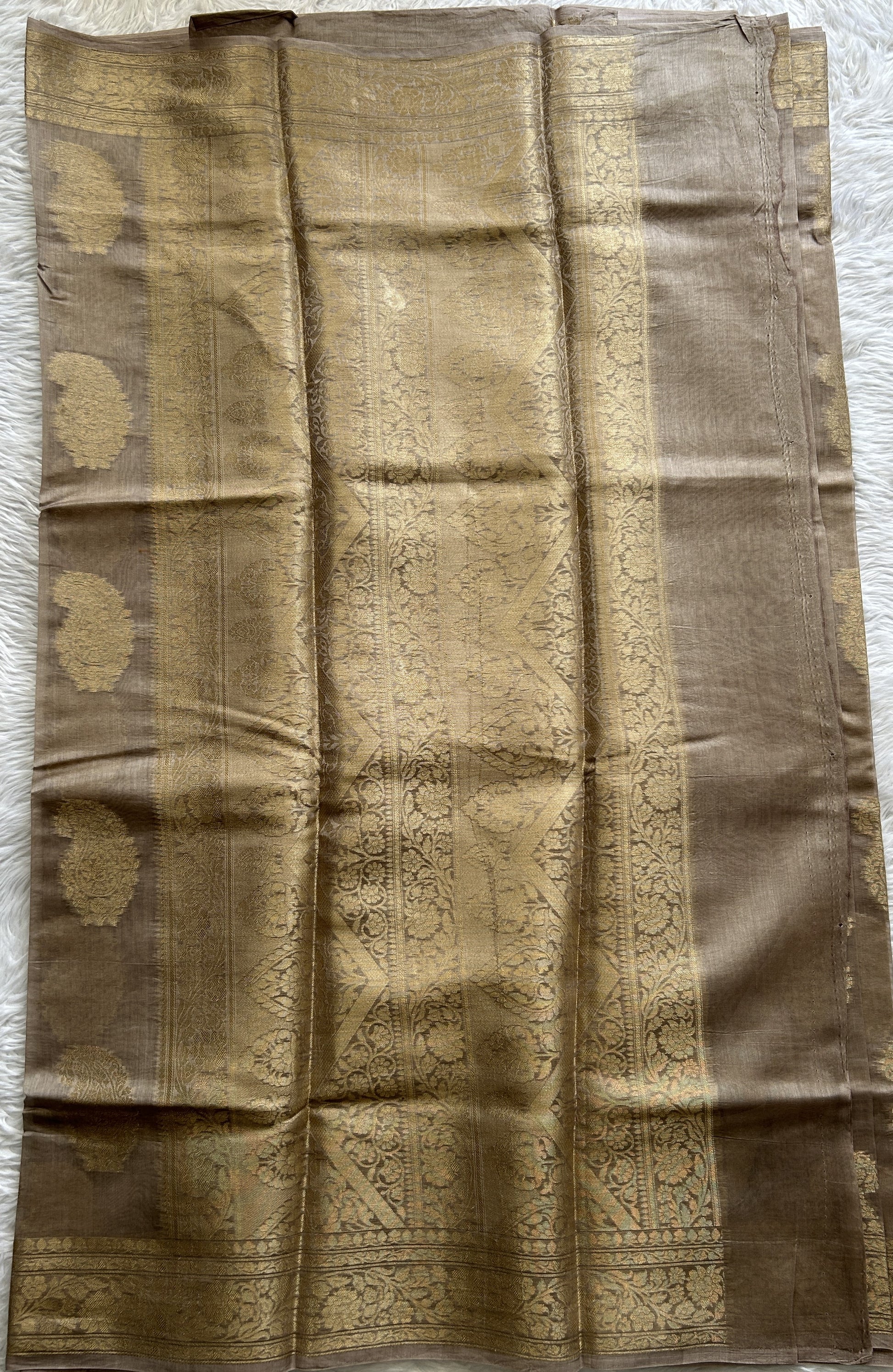 Maheshwari Chanderi Cotton Saree Dark Beige Colored Complemented with a Zari Border. - Sampradaya Designer Studio