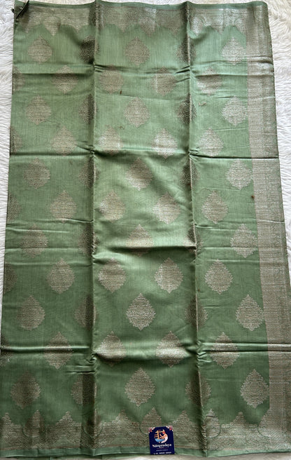 Maheshwari Chanderi Cotton Saree Olive Green Colored Complemented with a Zari Border. - Sampradaya Designer Studio