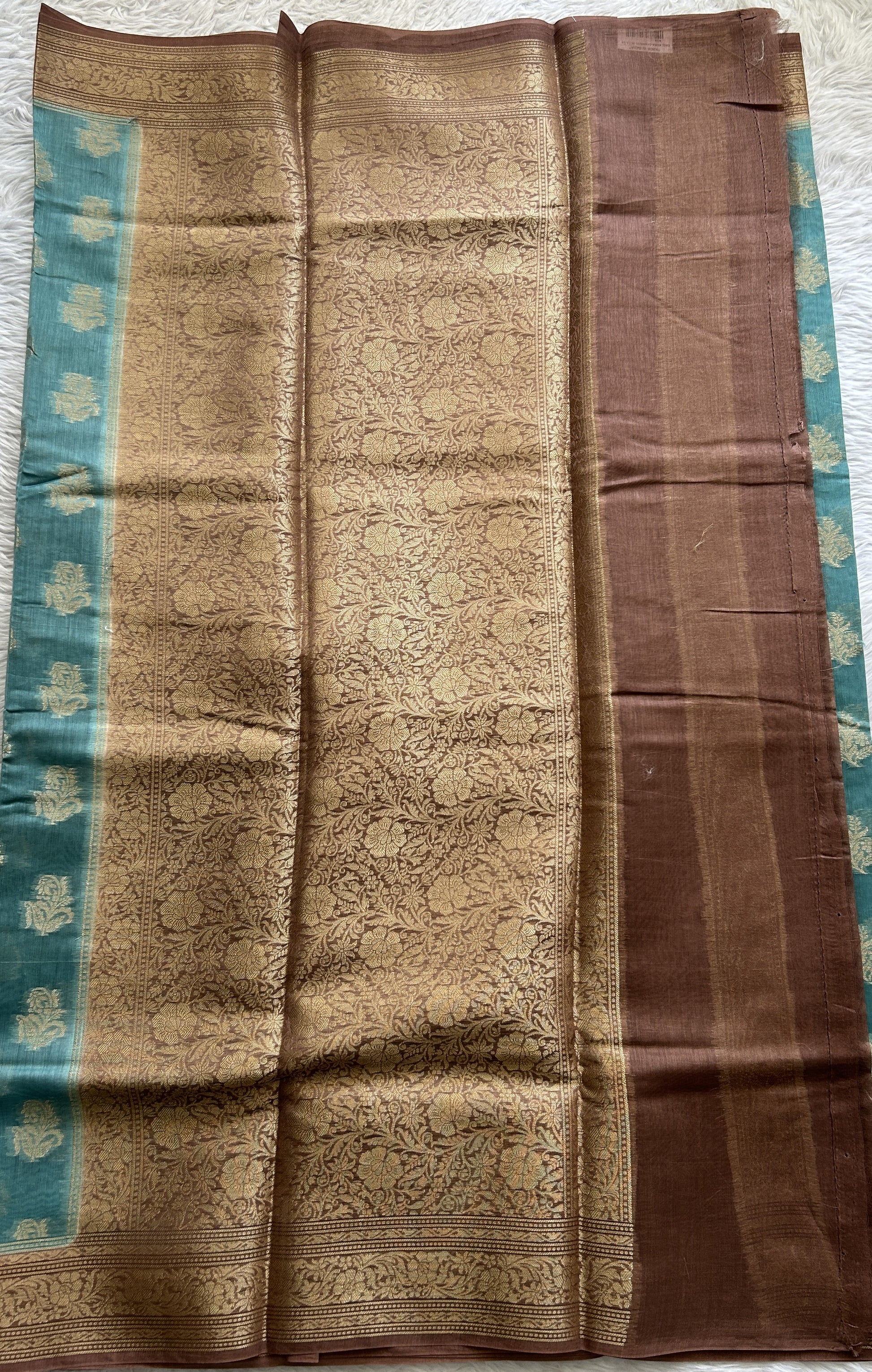 Maheshwari Chanderi Cotton Saree Blue Colored Complemented with a Rust Color Zari Border. - Sampradaya Designer Studio