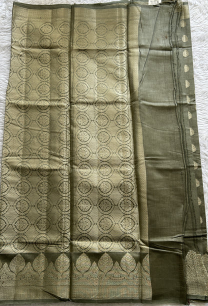 Maheshwari Chanderi Cotton Saree Dark Olive Green Colored Complemented with a Zari Border. - Sampradaya Designer Studio