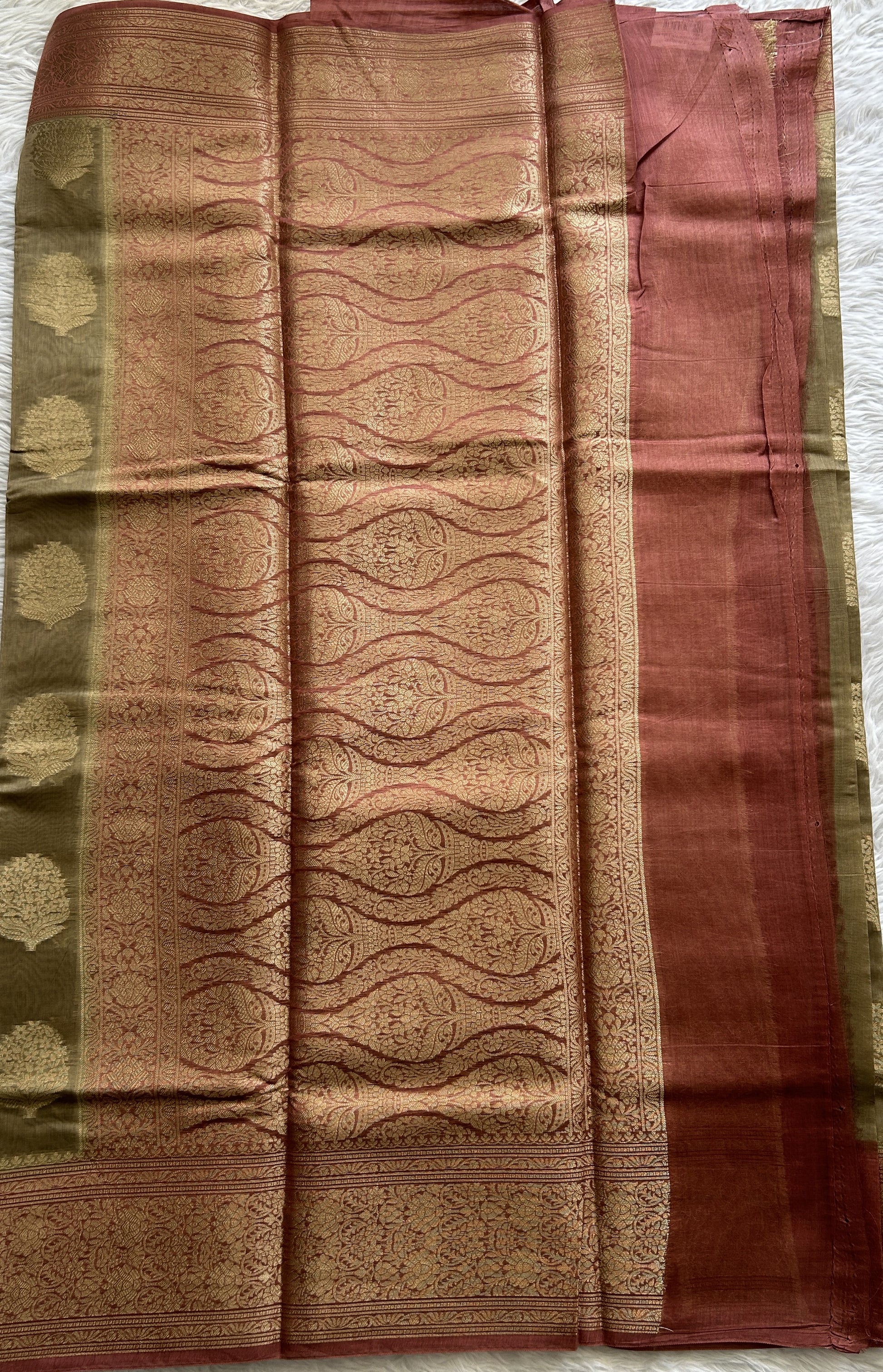 Maheshwari Chanderi Cotton Saree Dark Beige Colored Complemented with a Pink Color Zari Border. - Sampradaya Designer Studio