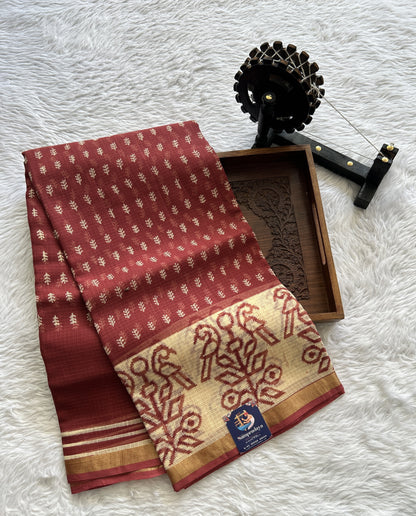 Cotton Kota Saree Burgundy Colored Complemented with a Zari Border. - Sampradaya Designer Studio