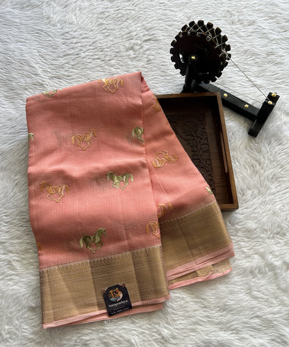 Cotton Kota Saree Peach Colored Complemented with a Zari Border. - Sampradaya Designer Studio