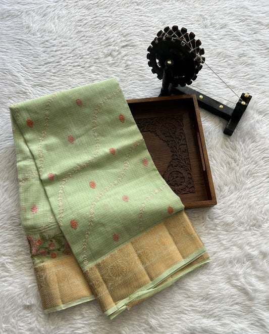 Cotton Kota Saree Pastel Green Colored Complemented with a Zari Border. - Sampradaya Designer Studio