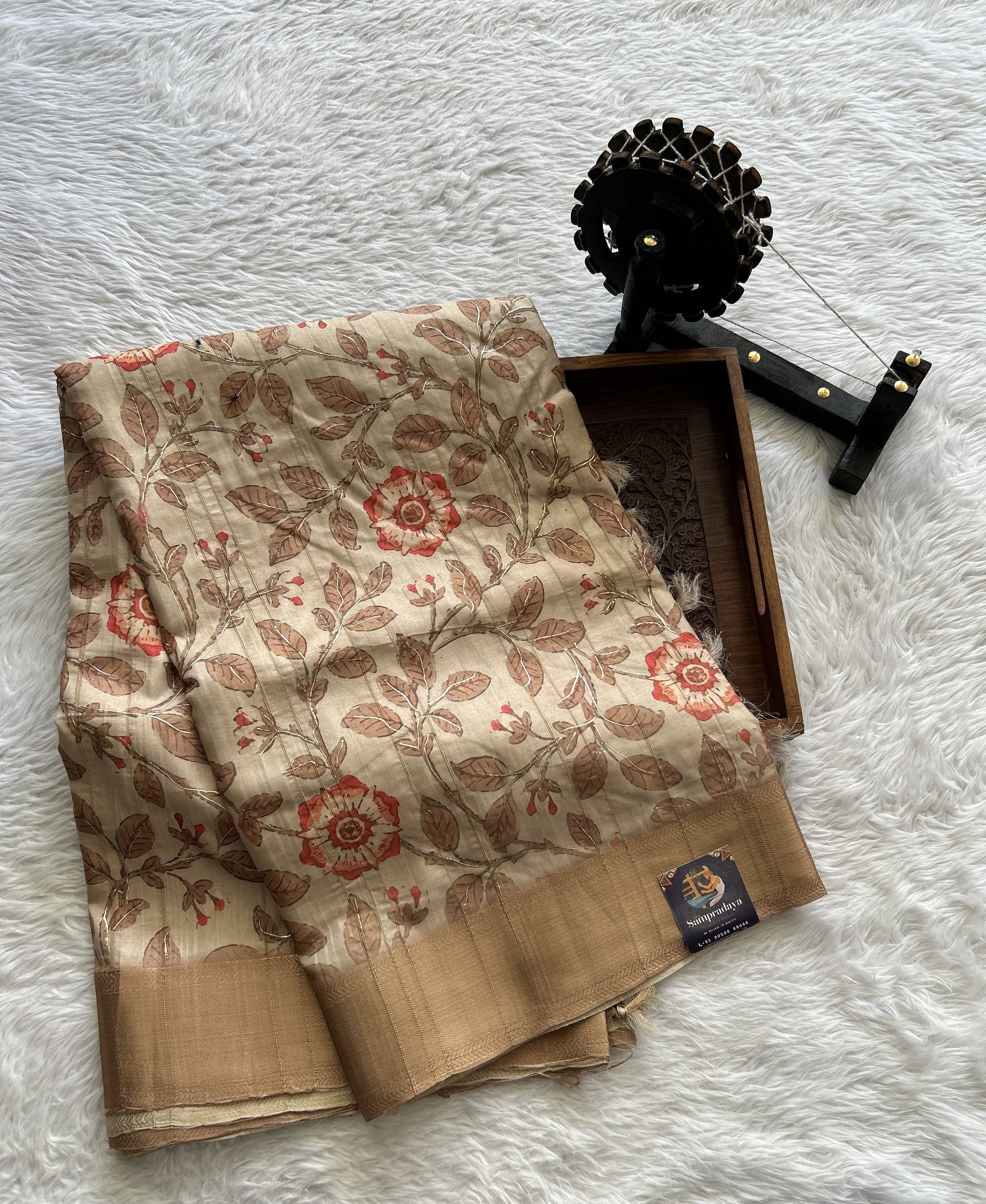 Semi Tussar Silk Saree Beige colored Floral print complemented with a Zari Border. - Sampradaya Designer Studio