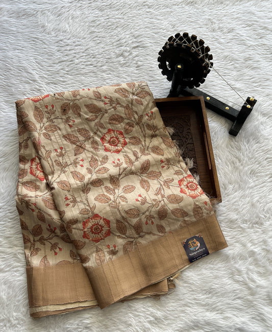 Semi Tussar Silk Saree Beige colored Floral print complemented with a Zari Border. - Sampradaya Designer Studio