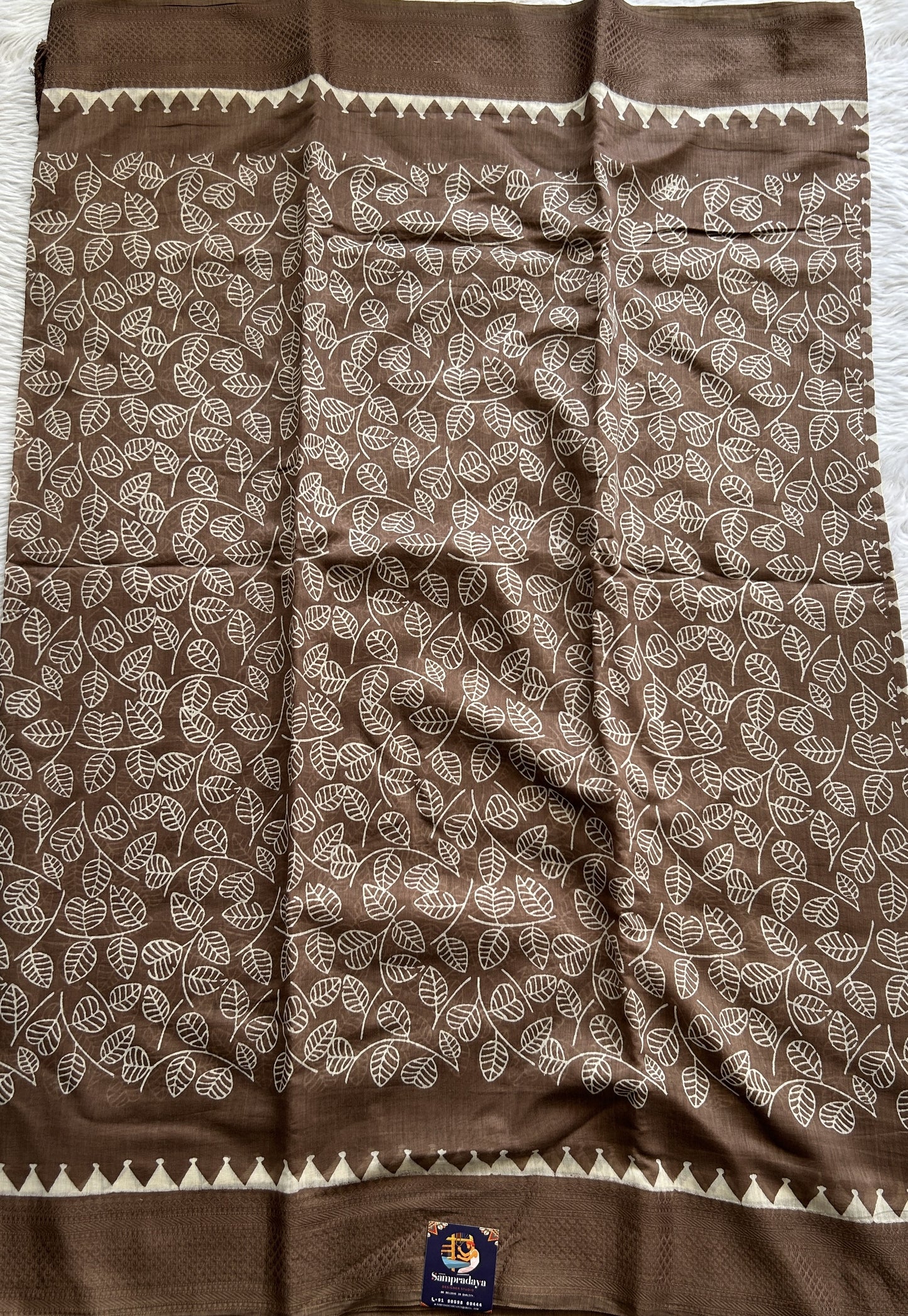 Maheshwari Chanderi Cotton Saree Brown Colored Complemented with a Thread Border. - Sampradaya Designer Studio