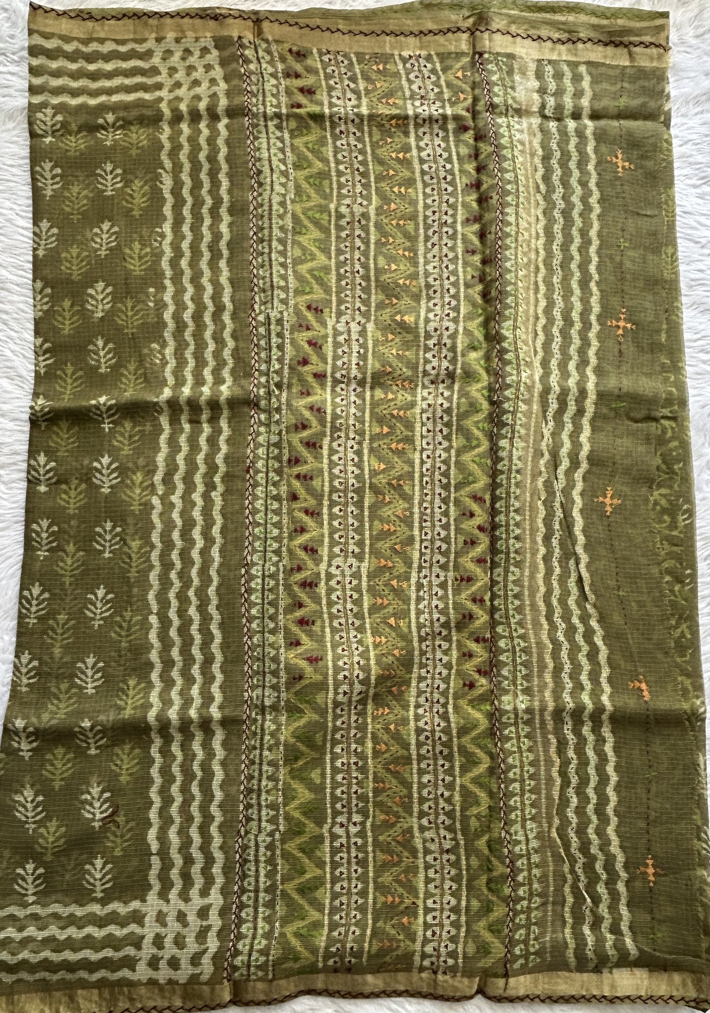 Cotton Kota Saree Olive Green Colored Complemented with a Zari Border. - Sampradaya Designer Studio