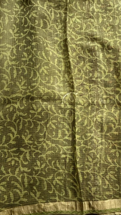 Cotton Kota Saree Olive Green Colored Complemented with a Zari Border. - Sampradaya Designer Studio