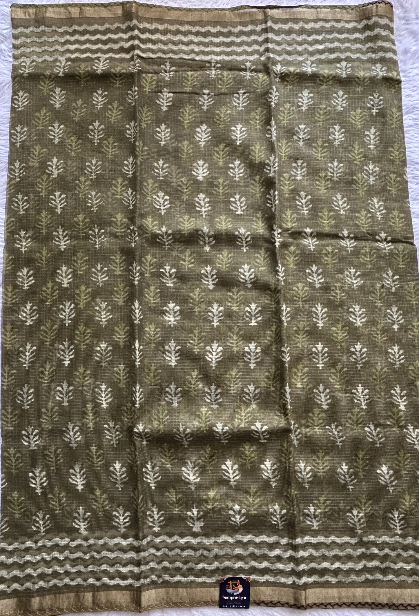 Cotton Kota Saree Olive Green Colored Complemented with a Zari Border. - Sampradaya Designer Studio