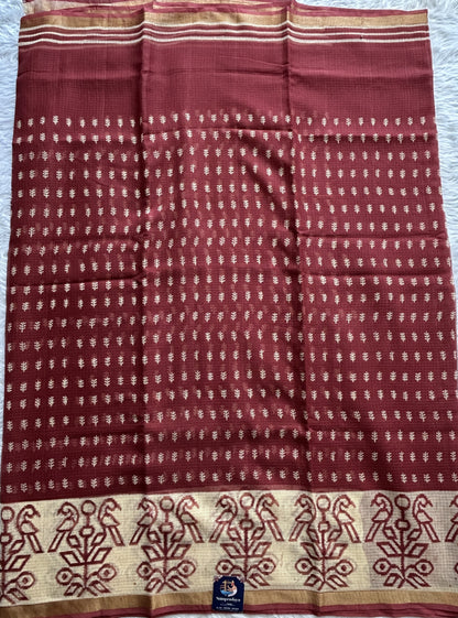 Cotton Kota Saree Burgundy Colored Complemented with a Zari Border. - Sampradaya Designer Studio