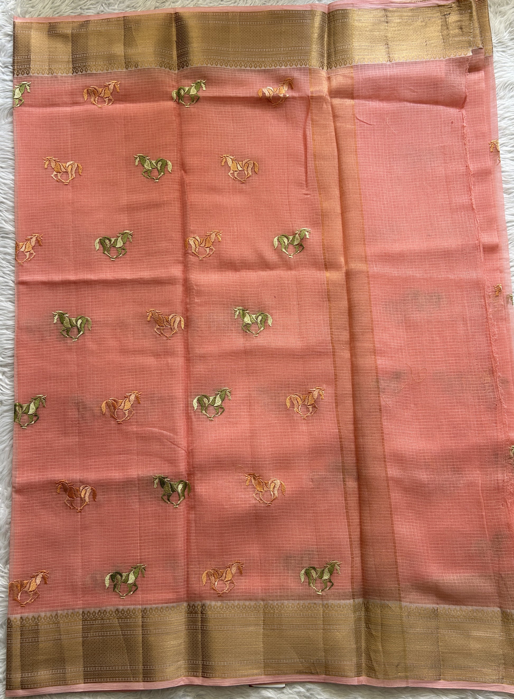 Cotton Kota Saree Peach Colored Complemented with a Zari Border. - Sampradaya Designer Studio