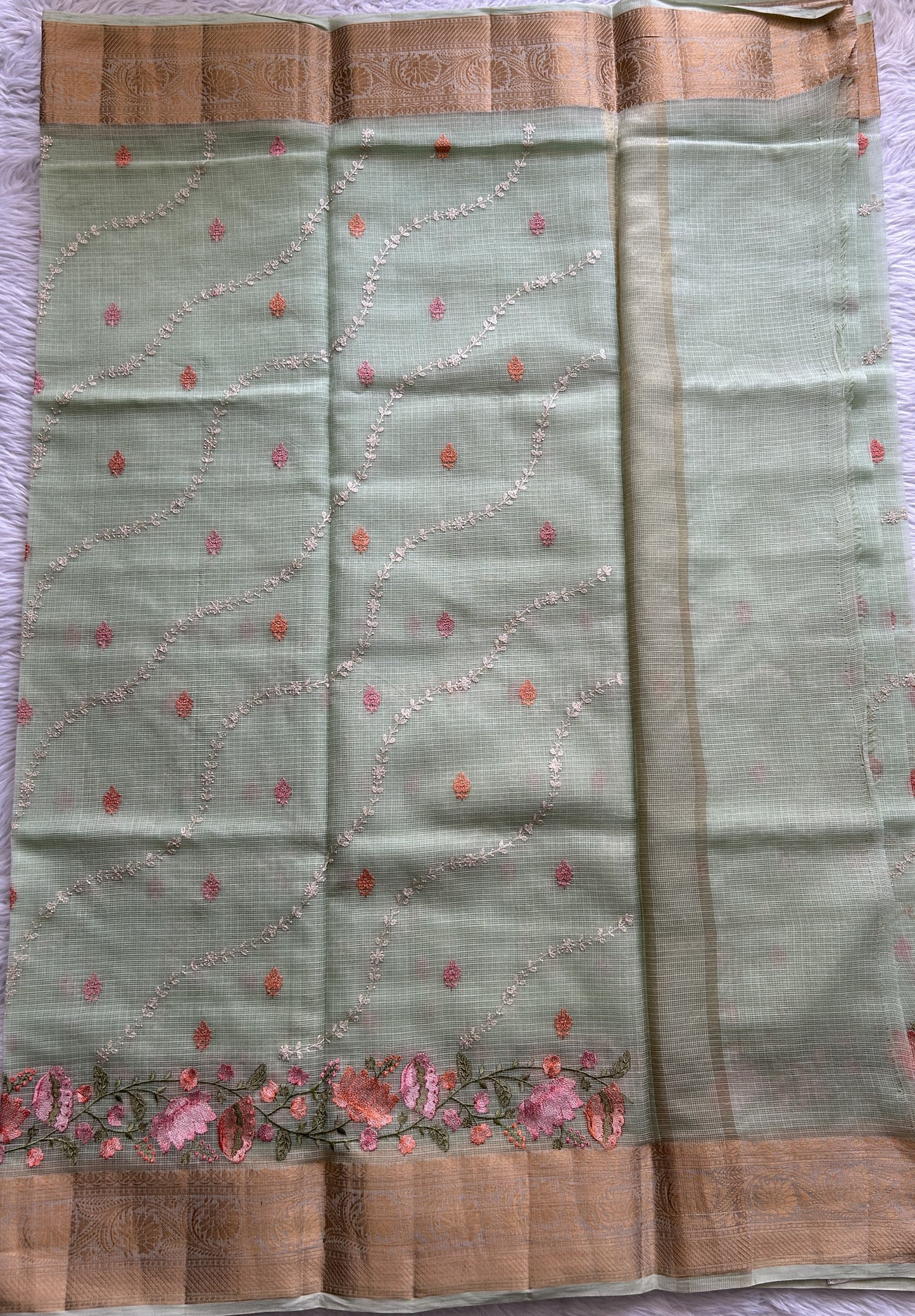 Cotton Kota Saree Pastel Green Colored Complemented with a Zari Border. - Sampradaya Designer Studio