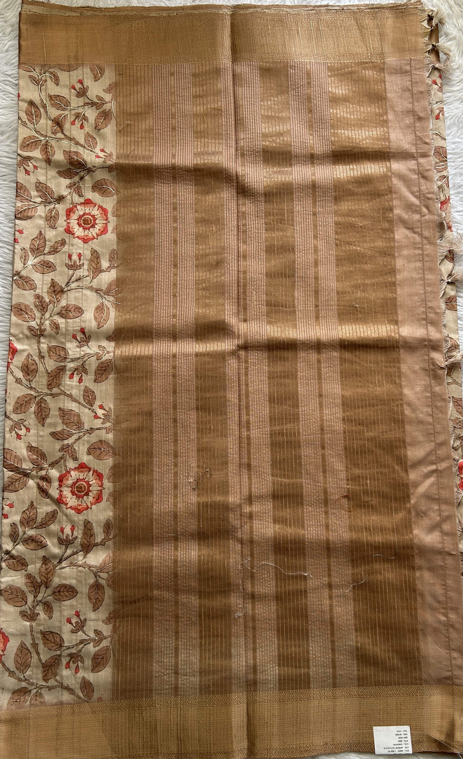 Semi Tussar Silk Saree Beige colored Floral print complemented with a Zari Border. - Sampradaya Designer Studio