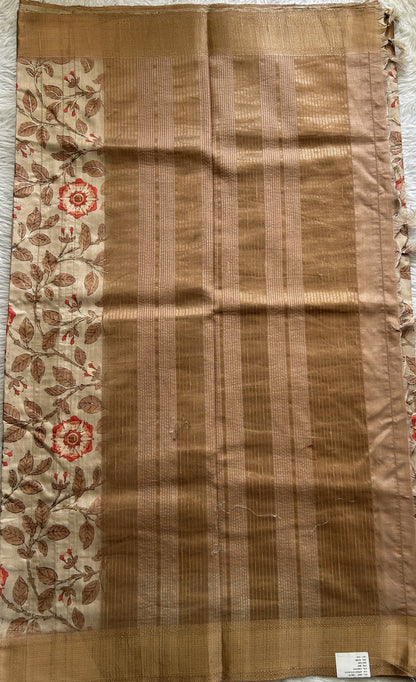 Semi Tussar Silk Saree Beige colored Floral print complemented with a Zari Border. - Sampradaya Designer Studio