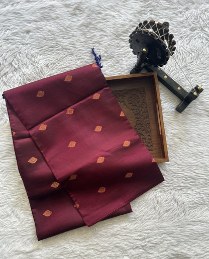 Pure Kanjivaram Soft Silk Saree Burgundy colored complemented with a Borderless. - Sampradaya Designer Studio