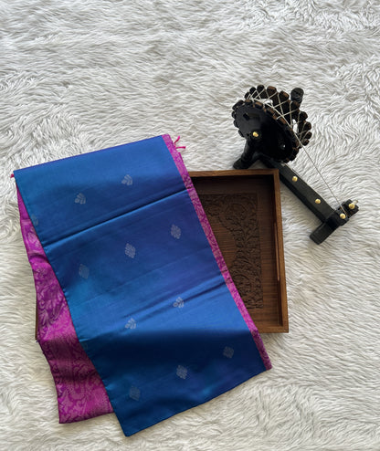 Pure Kanjivaram Soft Silk Saree Blue colored complemented with a Borderless. - Sampradaya Designer Studio