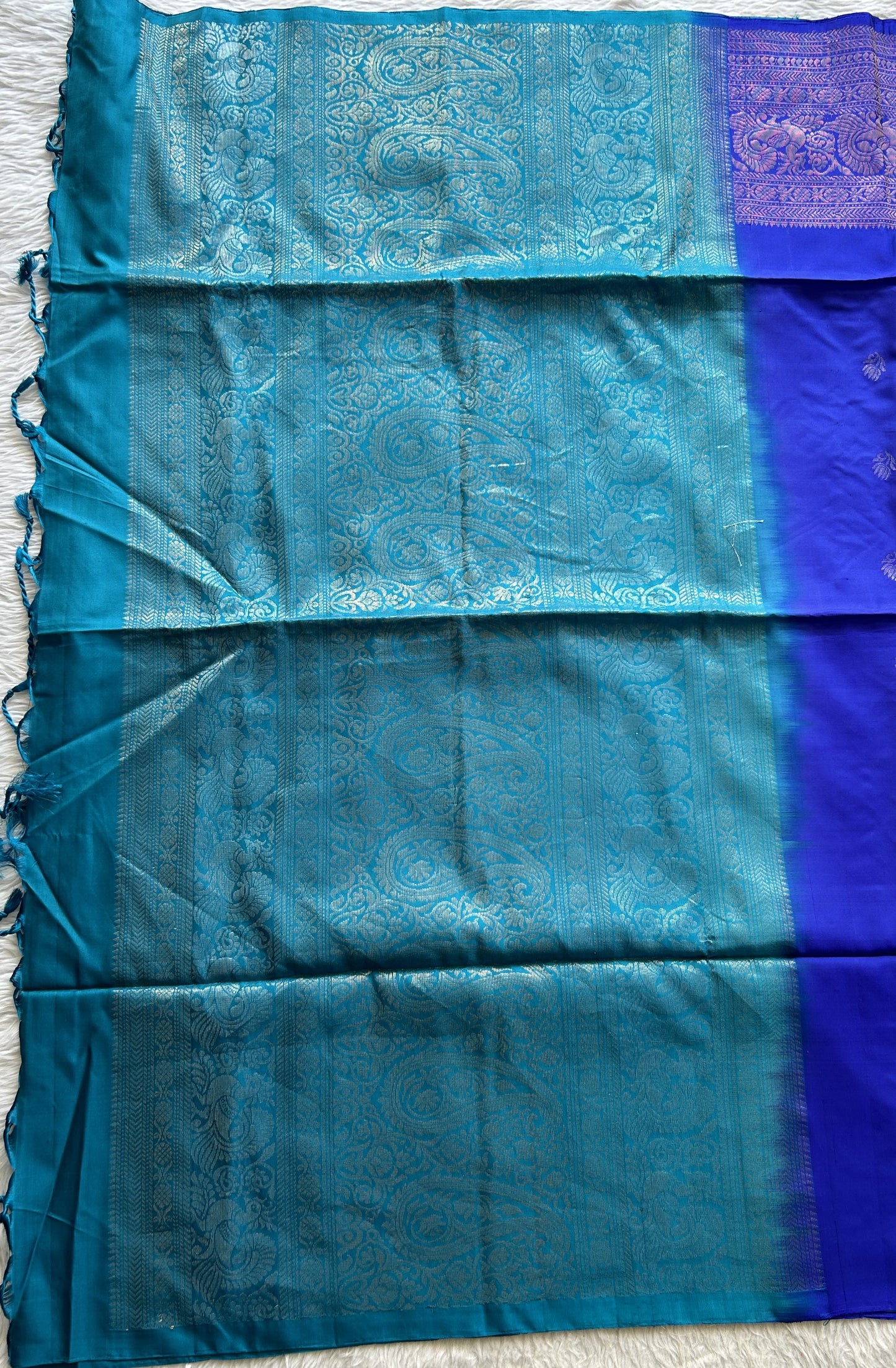 Pure Kanjivaram Soft Silk Saree Blue colored complemented with a Zari Border. - Sampradaya Designer Studio