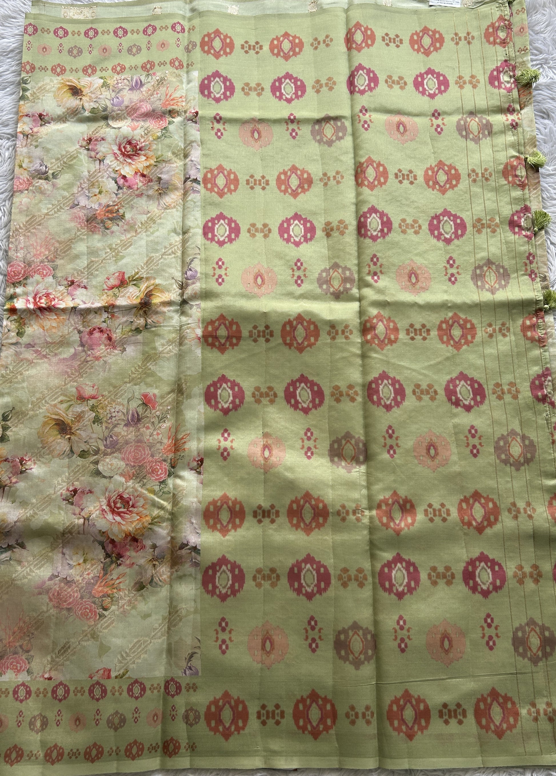 Banarasi Fancy Saree Light Green Colored Complemented with a Floral Printed Border. - Sampradaya Designer Studio