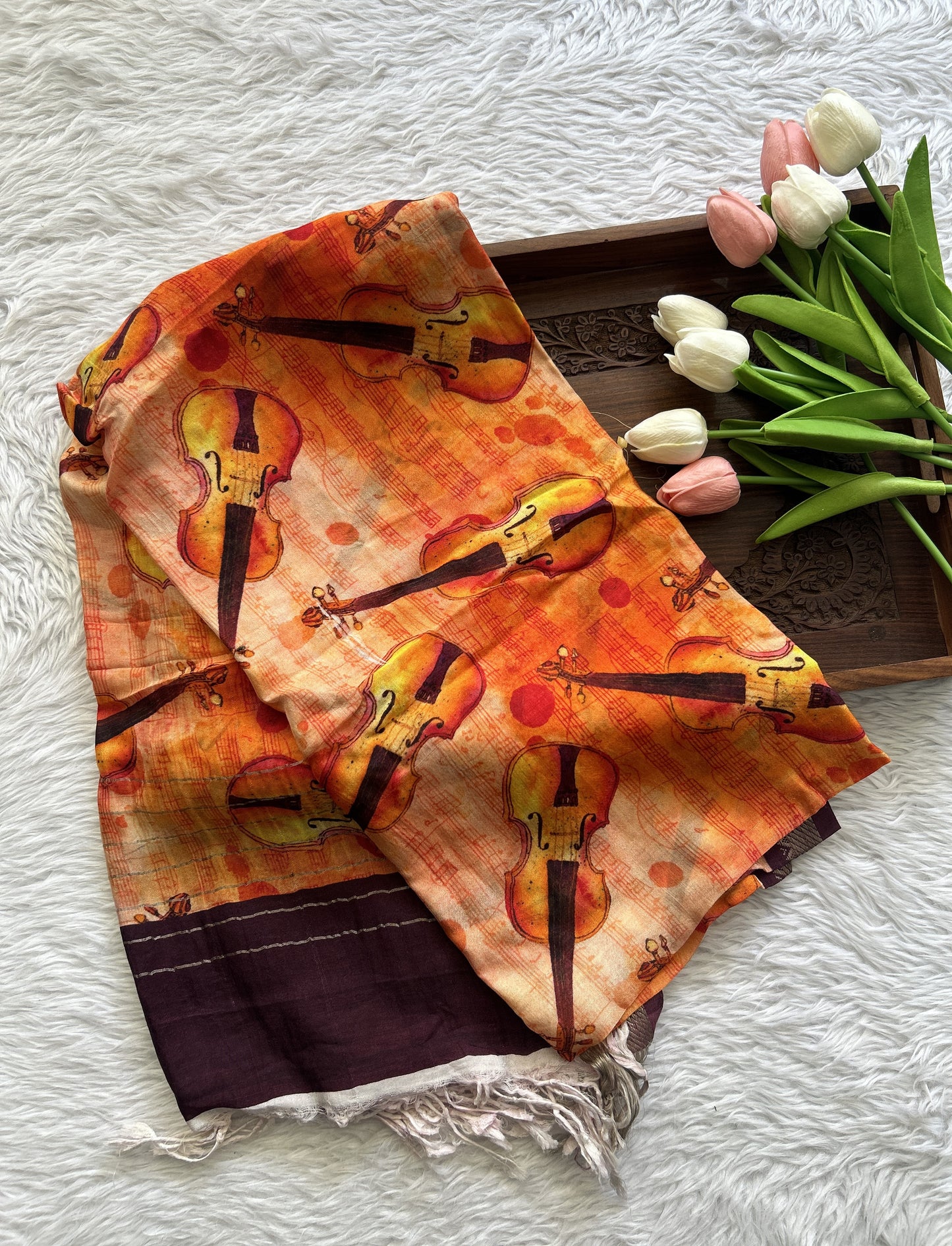 Pure Mangalagiri Shibori Orange Colored Dupatta With a Brown Color Zari Border. - Sampradaya Designer Studio