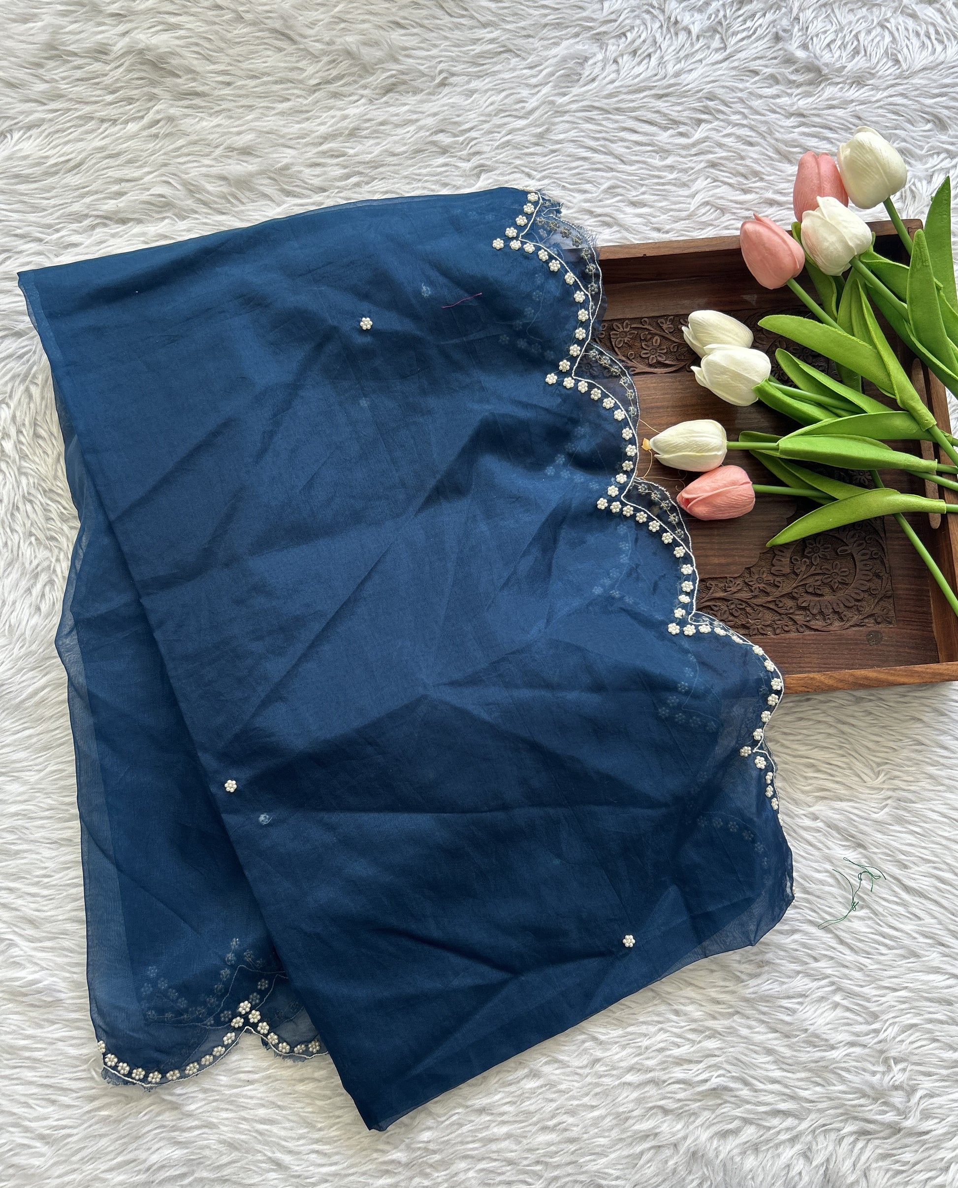 Soft Organza Turquoise Blue Colored Dupatta With a Scallop Border. - Sampradaya Designer Studio