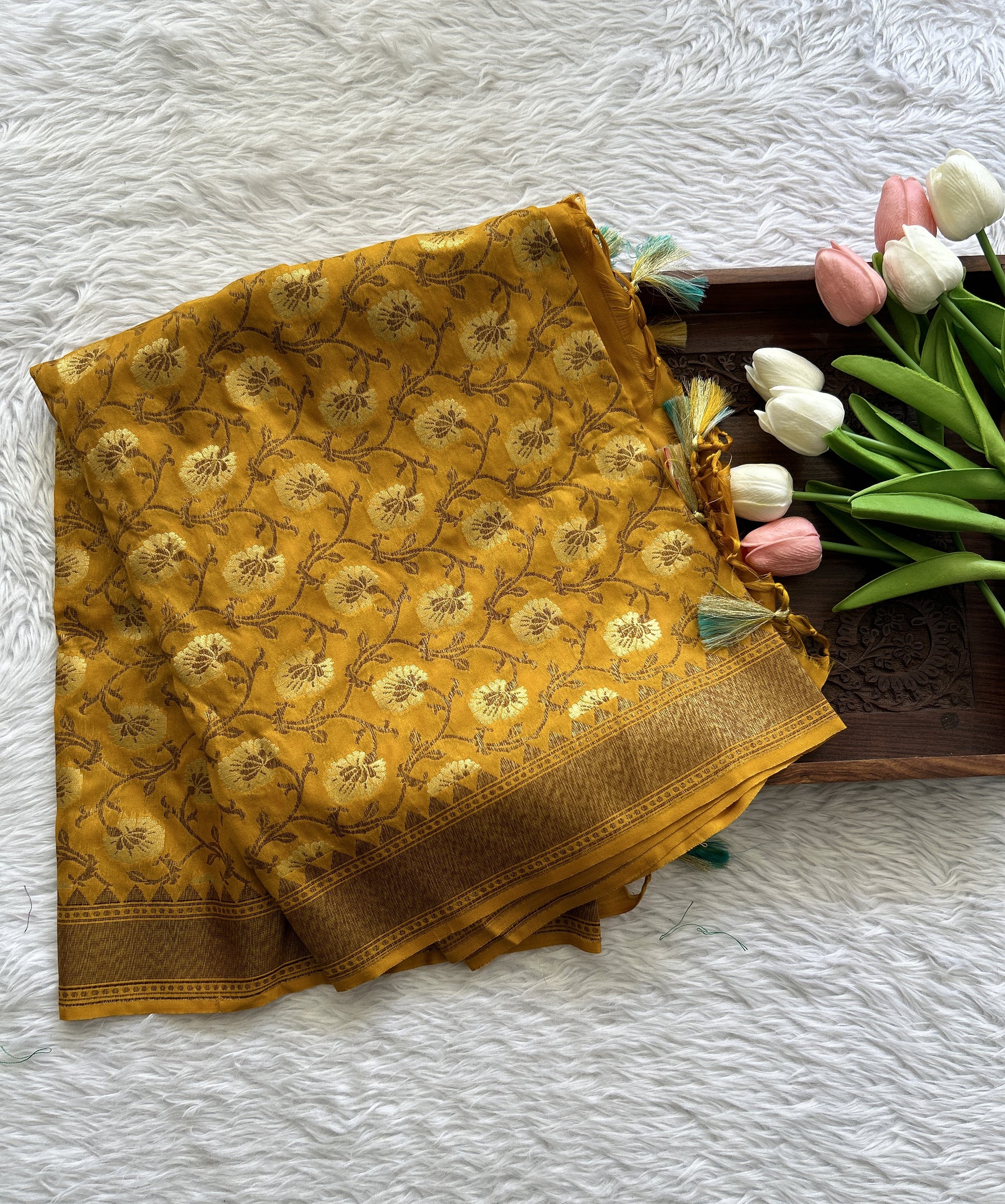 Pure Banarasi Yellow Colored Dupatta With a Zari Border. - Sampradaya Designer Studio