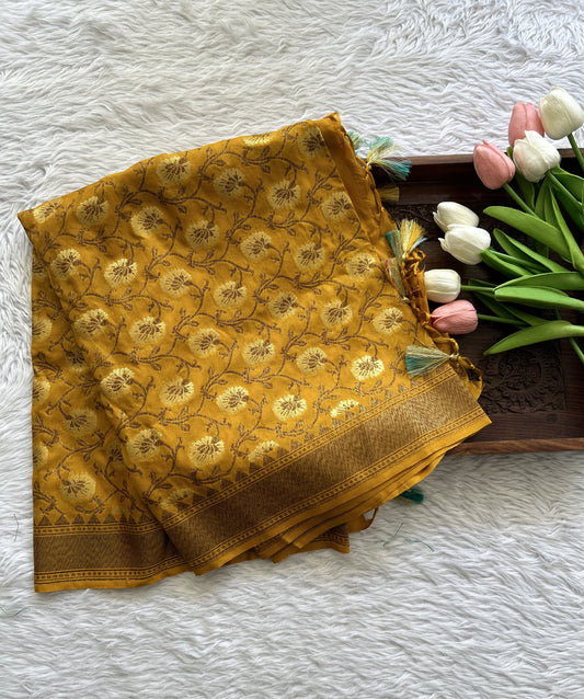 Pure Banarasi Yellow Colored Dupatta With a Zari Border. - Sampradaya Designer Studio