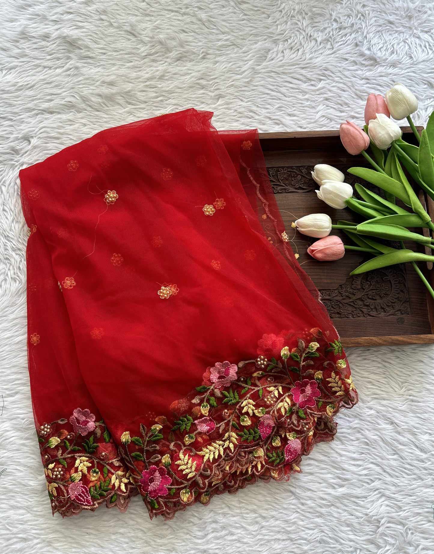 Soft Net Red Colored Dupatta With a Cutwork Border. - Sampradaya Designer Studio