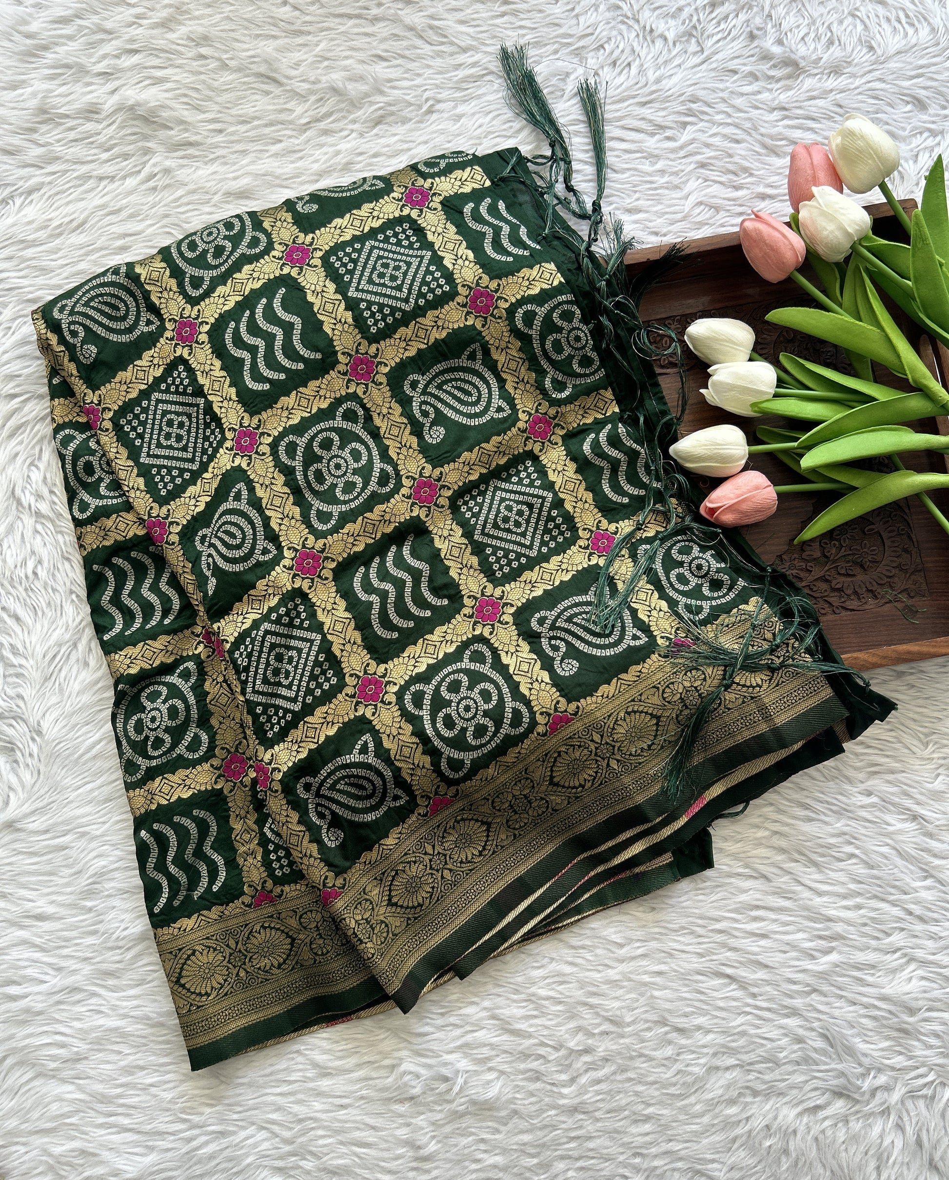 Pure Banarasi Bottle Green Colored Dupatta With a Zari Border. - Sampradaya Designer Studio