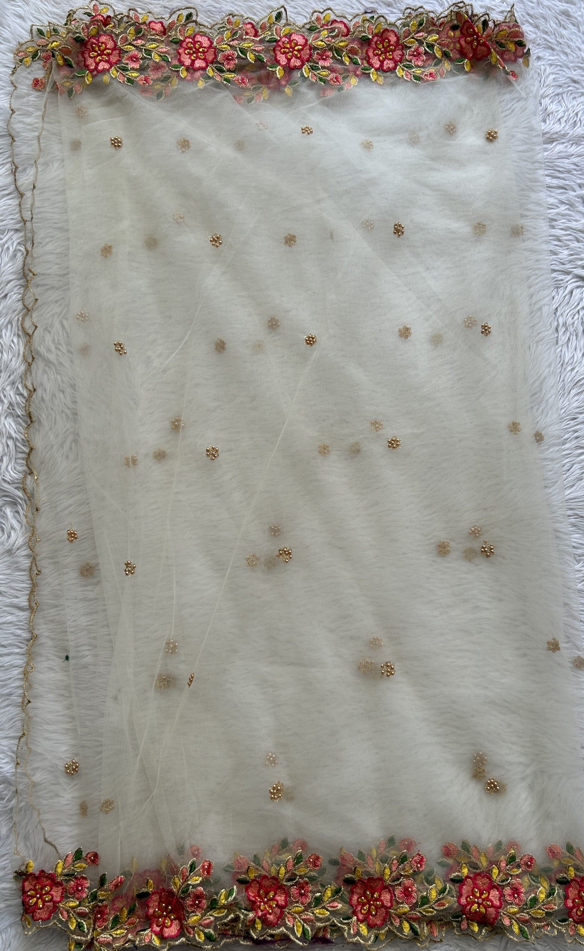 Soft Net Cream Colored Dupatta With a Cutwork Border. - Sampradaya Designer Studio