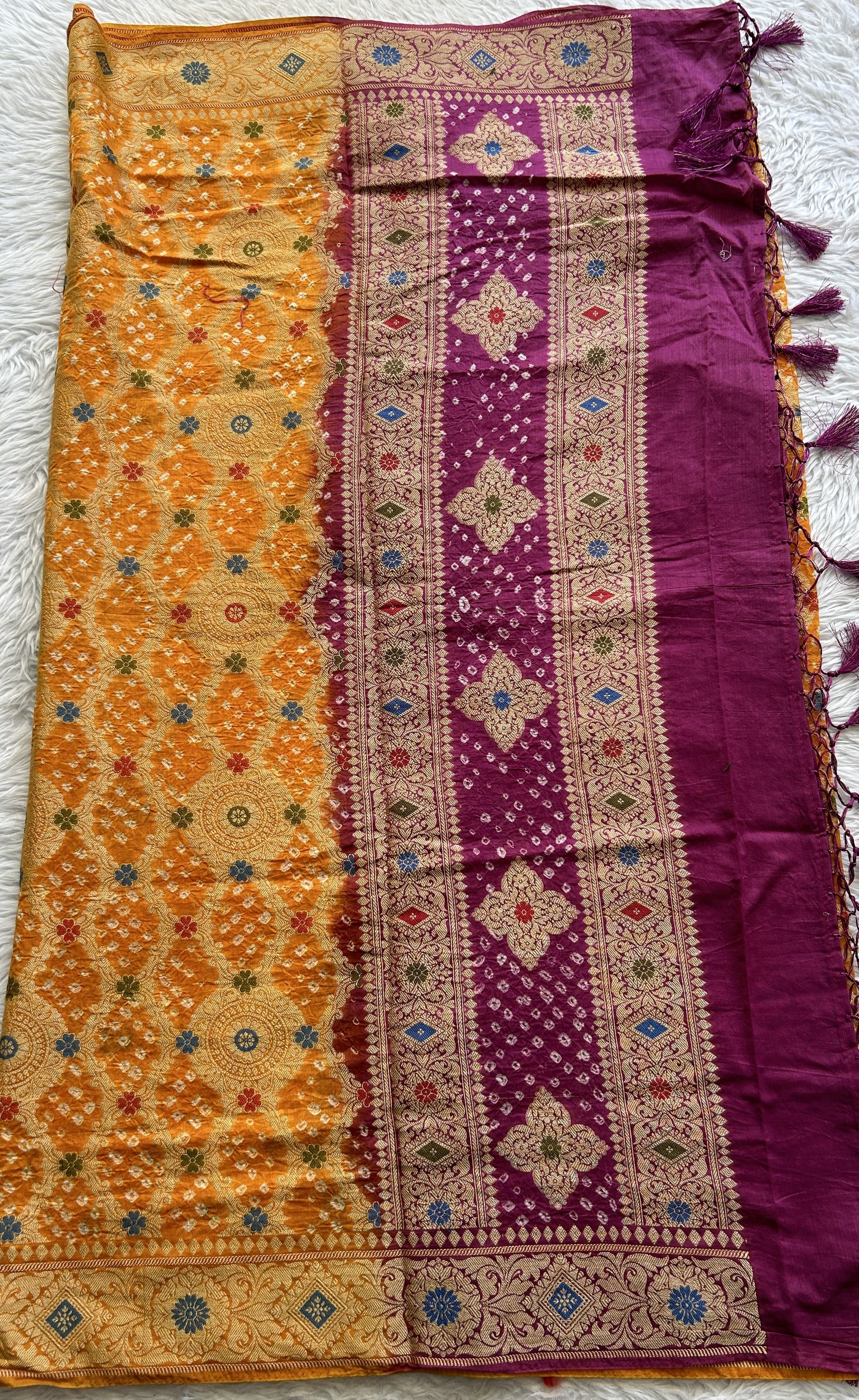 Pure Banarasi yellow and Purple Colored Dupatta With a Zari Border. - Sampradaya Designer Studio