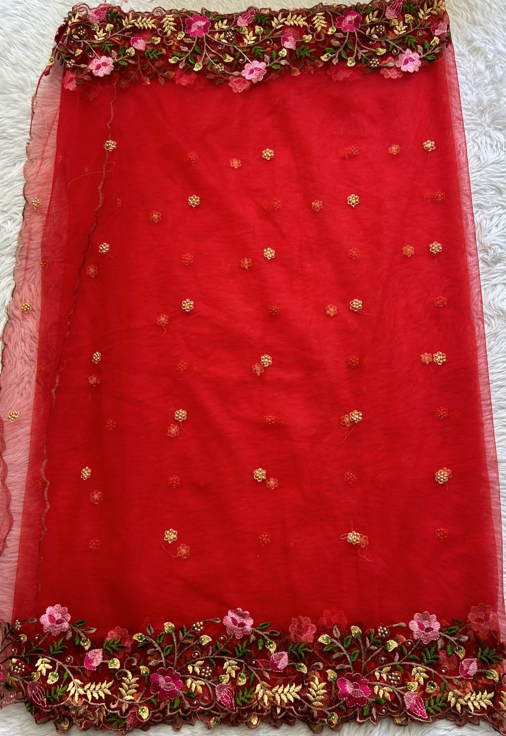 Soft Net Red Colored Dupatta With a Cutwork Border. - Sampradaya Designer Studio