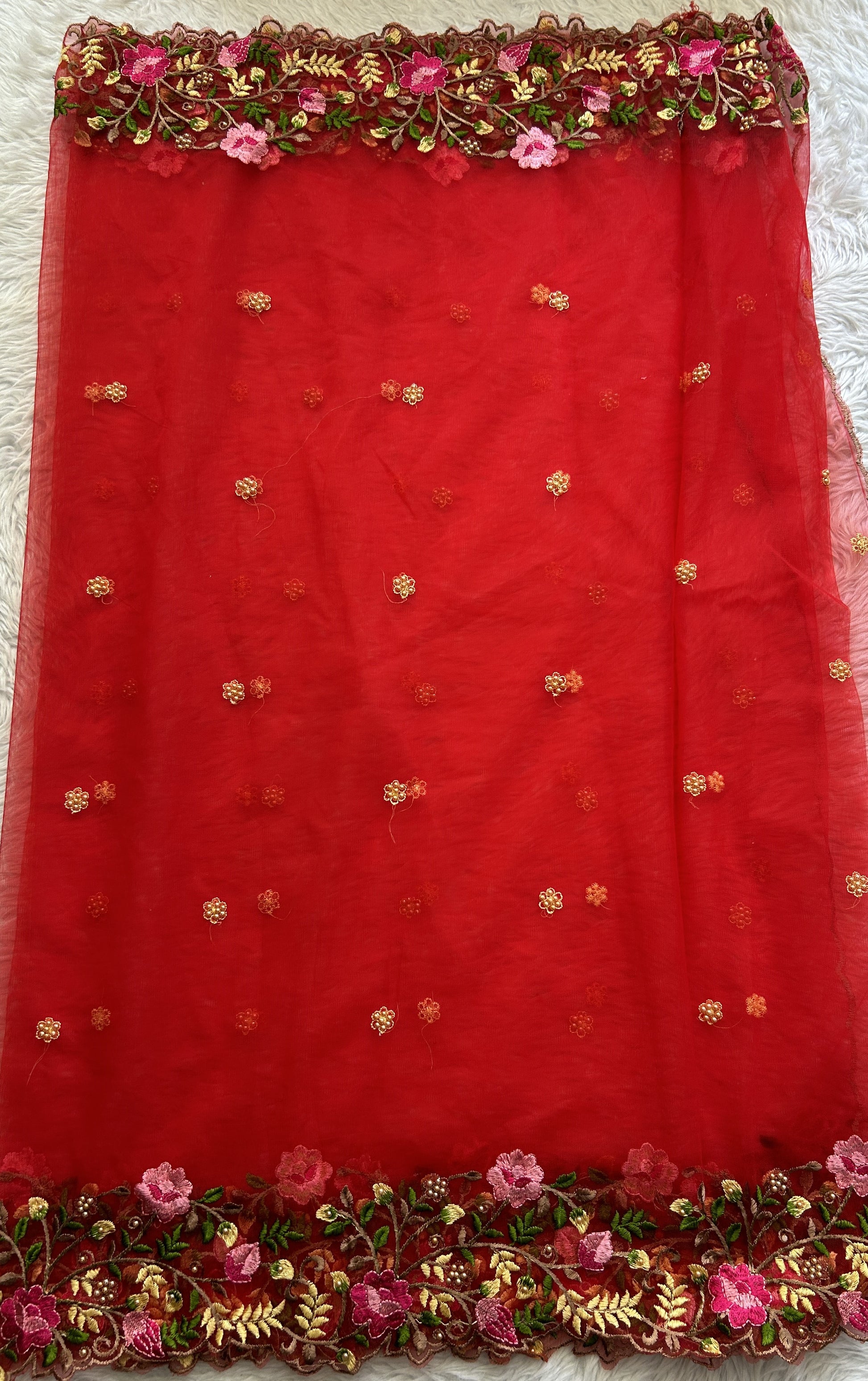 Soft Net Red Colored Dupatta With a Cutwork Border. - Sampradaya Designer Studio