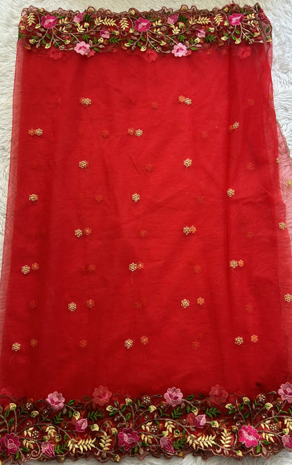 Soft Net Red Colored Dupatta With a Cutwork Border. - Sampradaya Designer Studio