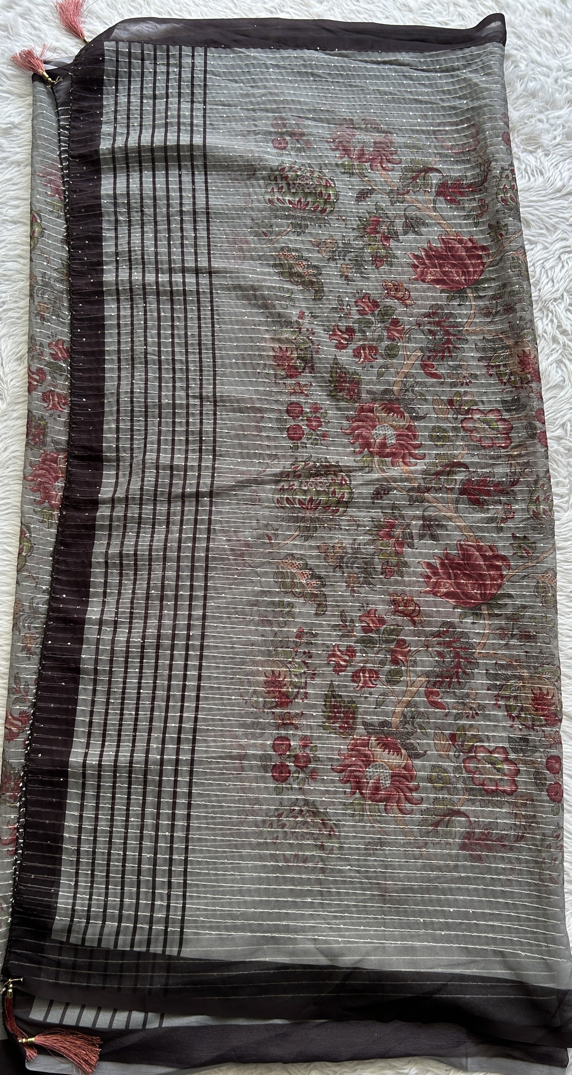 Pure Georgette Gray Colored Dupatta With a Black color Plain Border. - Sampradaya Designer Studio