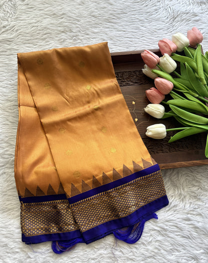 Gadwal Pattu Orange Colored Dupatta With a Blue Color Zari Border. - Sampradaya Designer Studio