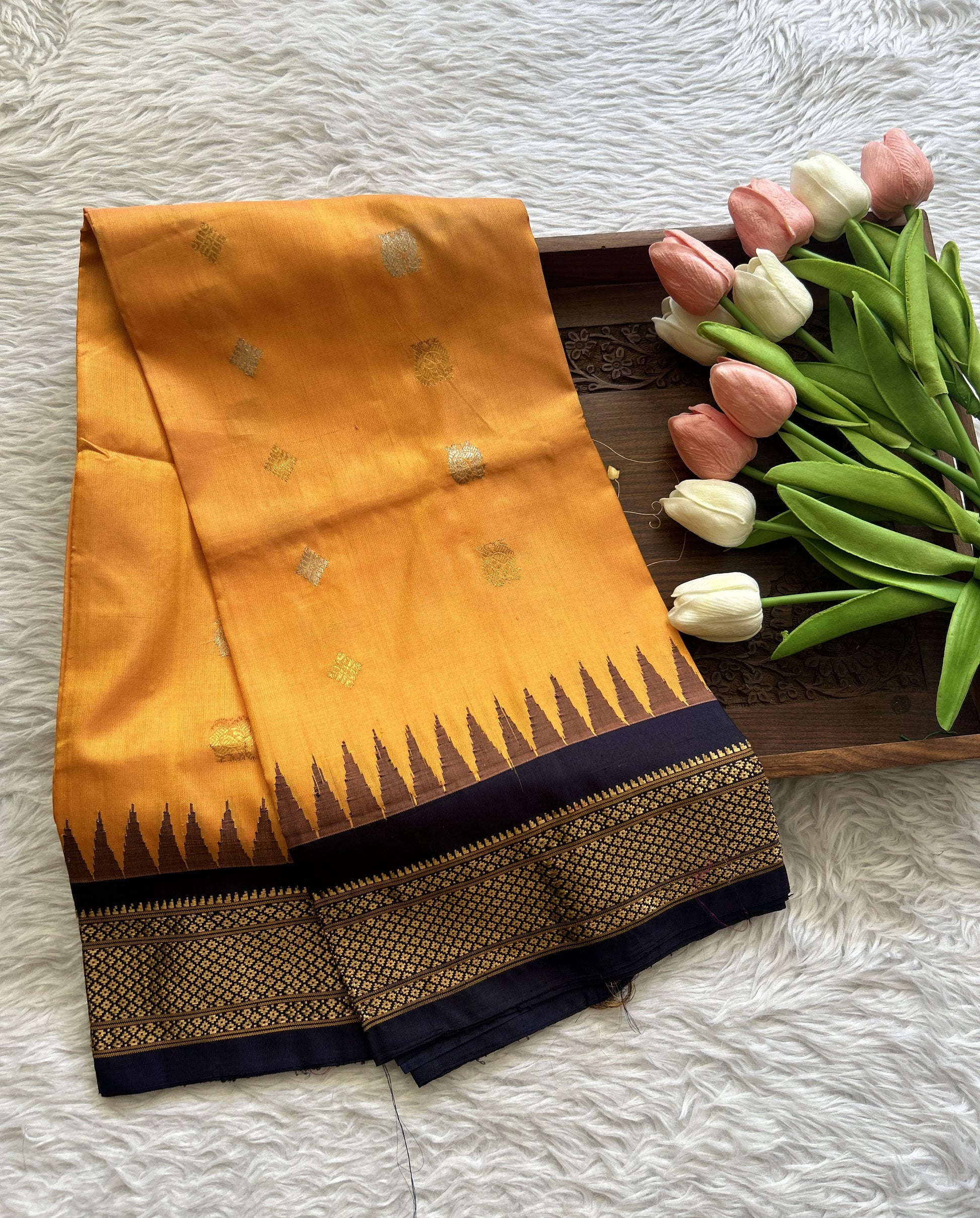 Gadwal Pattu Orange Colored Dupatta With a Navy Blue Color Zari Border. - Sampradaya Designer Studio