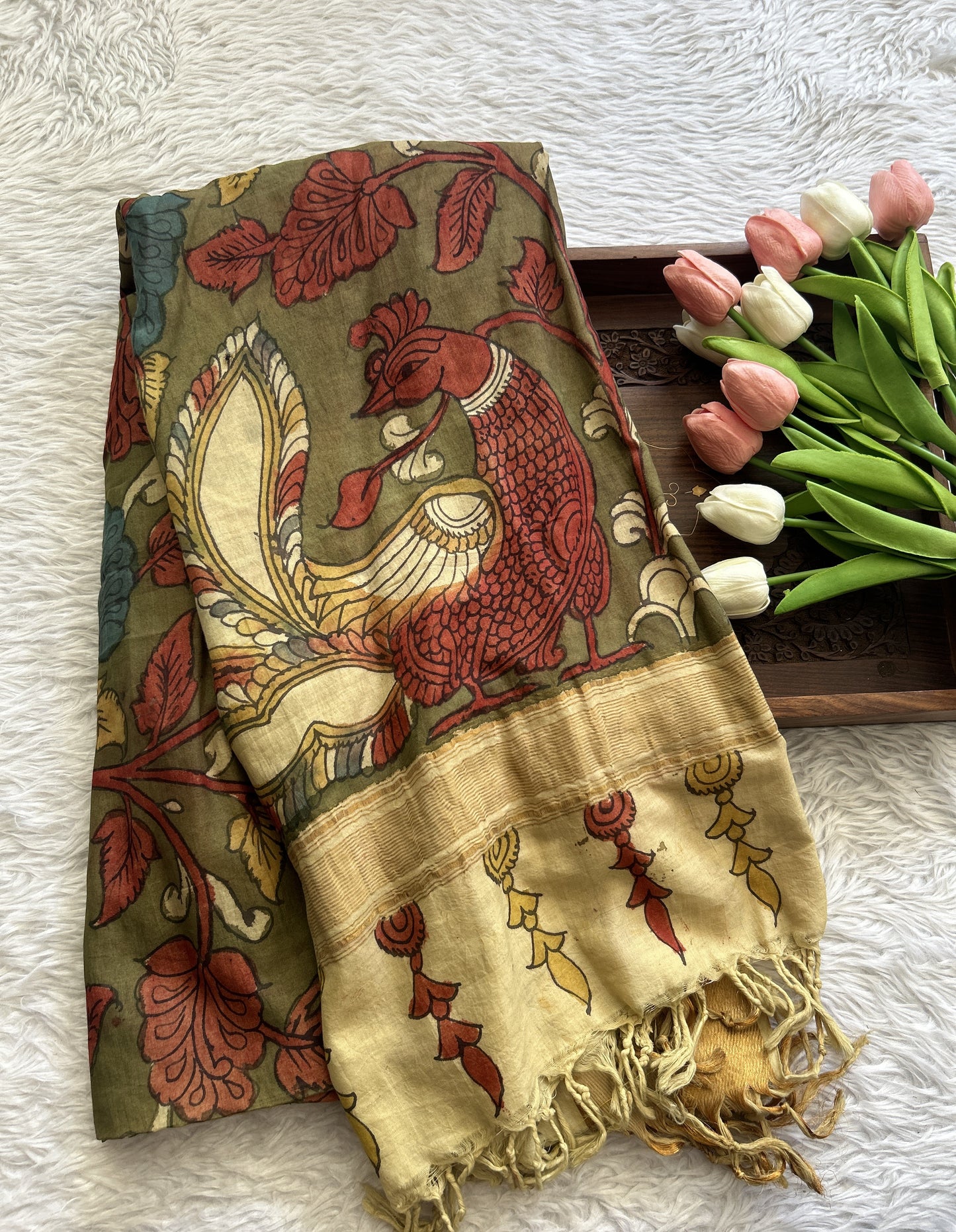 Pen Kalamkari Olive Green Colored Dupatta With a Zari Border. - Sampradaya Designer Studio