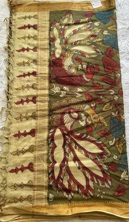 Pen Kalamkari Olive Green Colored Dupatta With a Zari Border. - Sampradaya Designer Studio