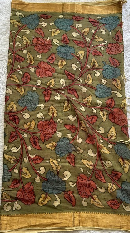 Pen Kalamkari Olive Green Colored Dupatta With a Zari Border. - Sampradaya Designer Studio