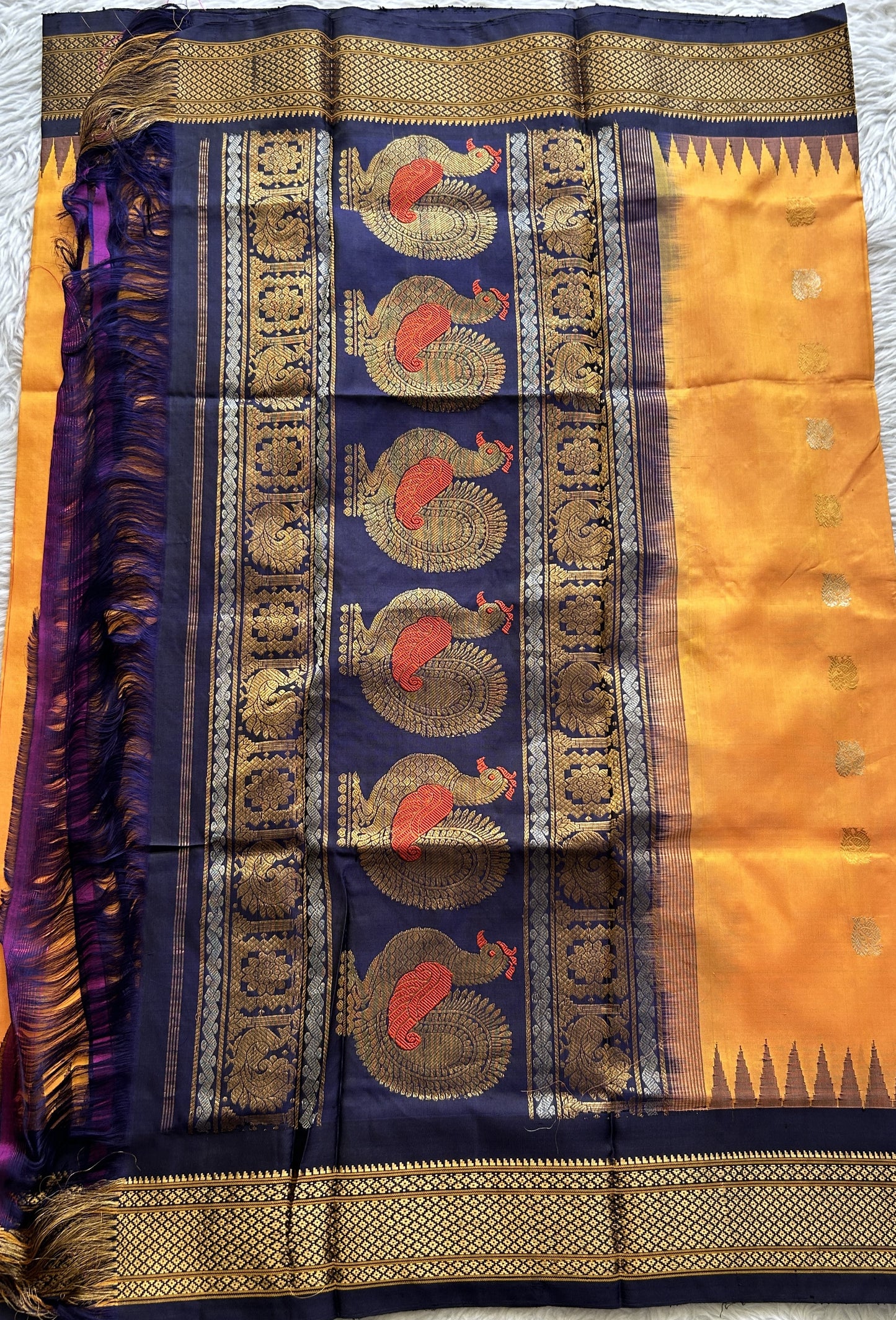 Gadwal Pattu Orange Colored Dupatta With a Navy Blue Color Zari Border. - Sampradaya Designer Studio