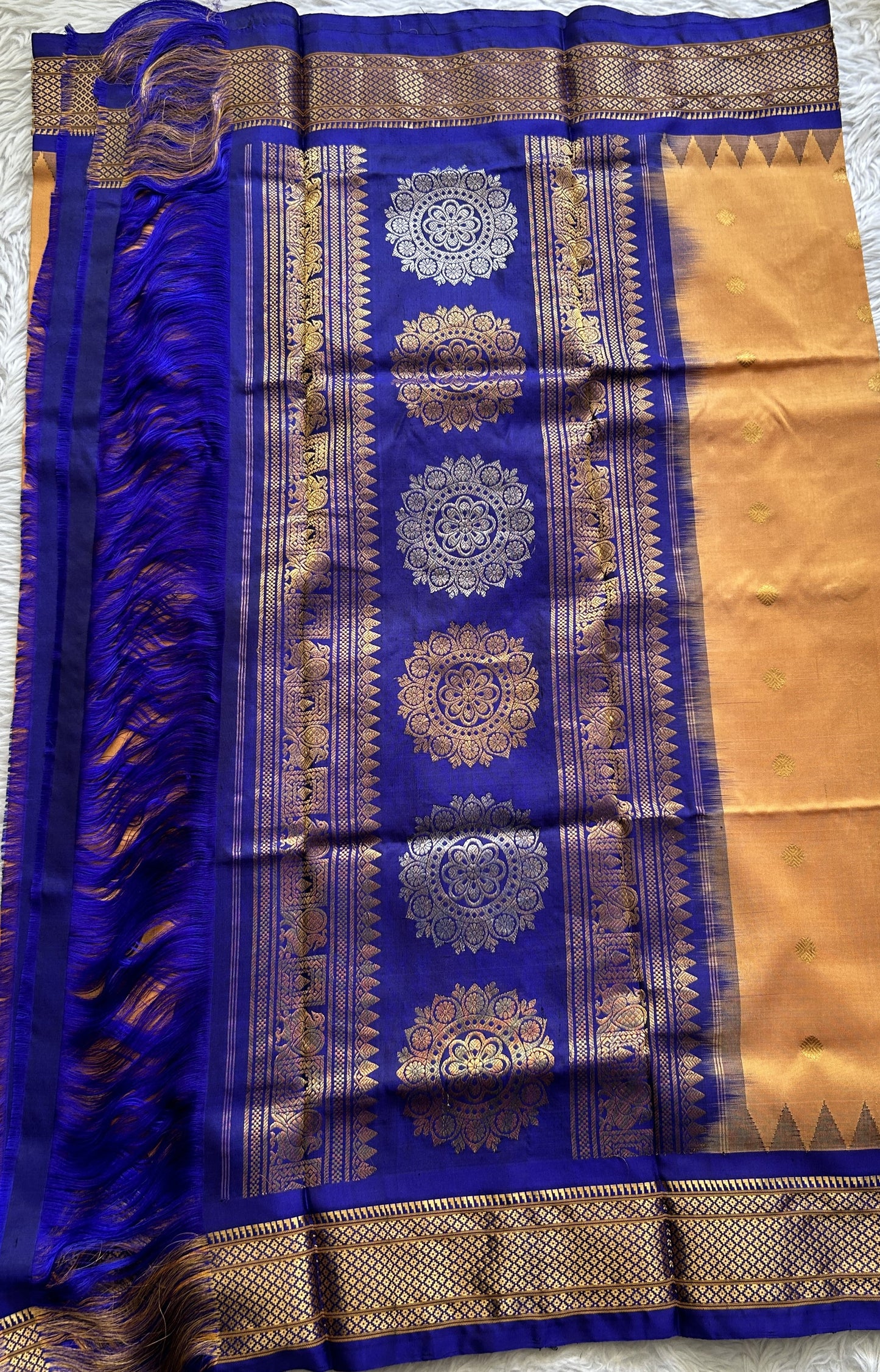 Gadwal Pattu Orange Colored Dupatta With a Blue Color Zari Border. - Sampradaya Designer Studio