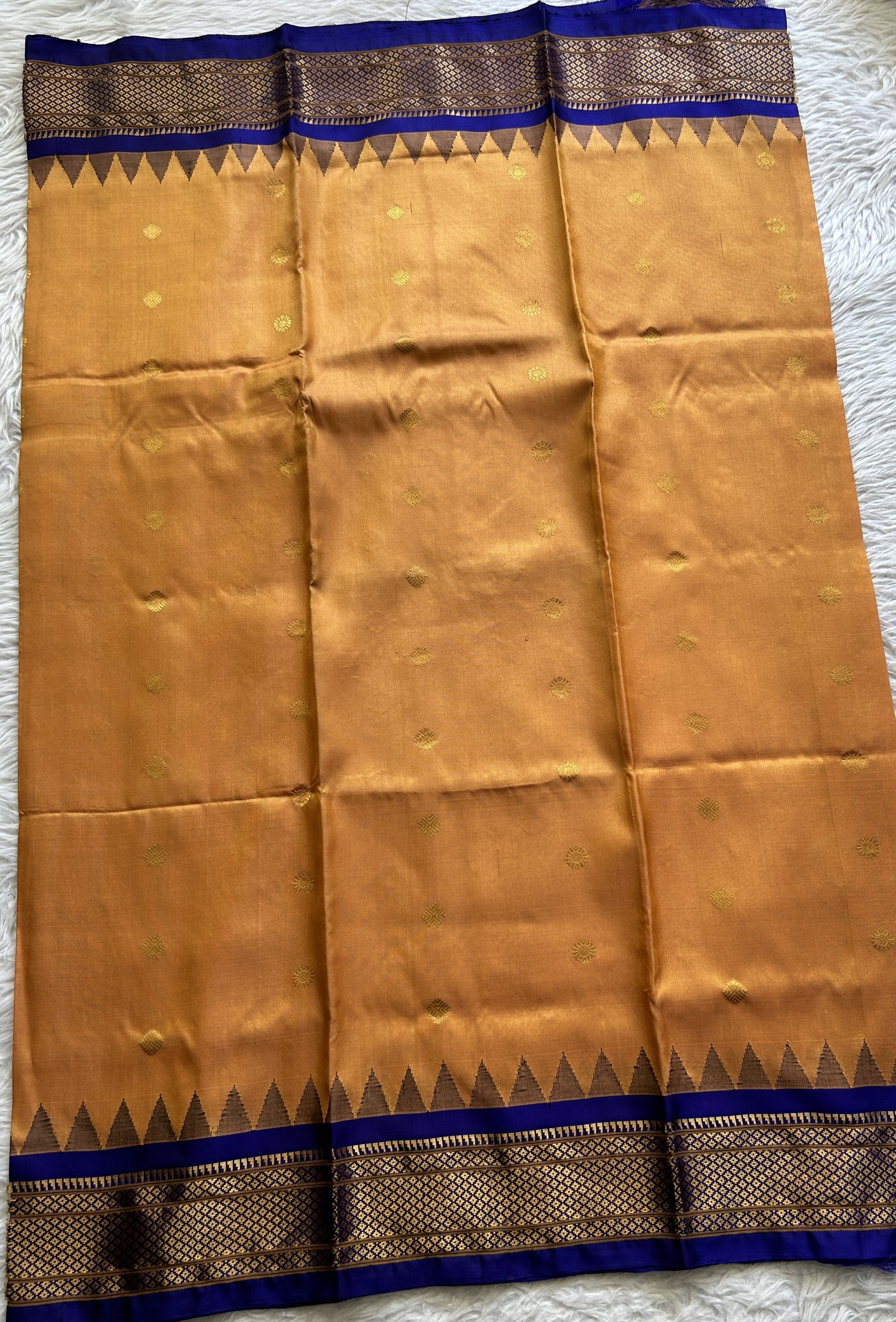 Gadwal Pattu Orange Colored Dupatta With a Blue Color Zari Border. - Sampradaya Designer Studio