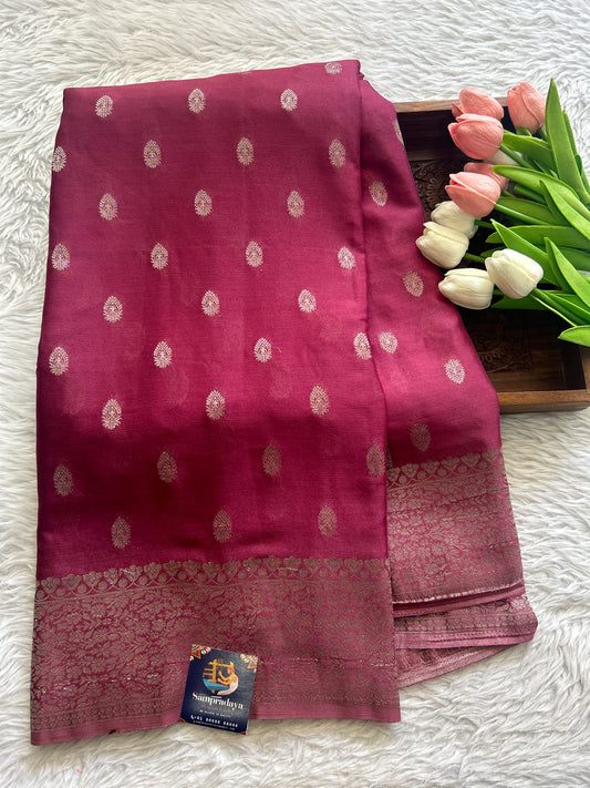 Semi Georgette Saree Dark Pink Colored Complemented with a Zari Border. - Sampradaya Designer Studio